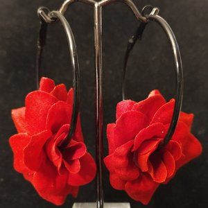 Red Silk Flower Hoop Earrings